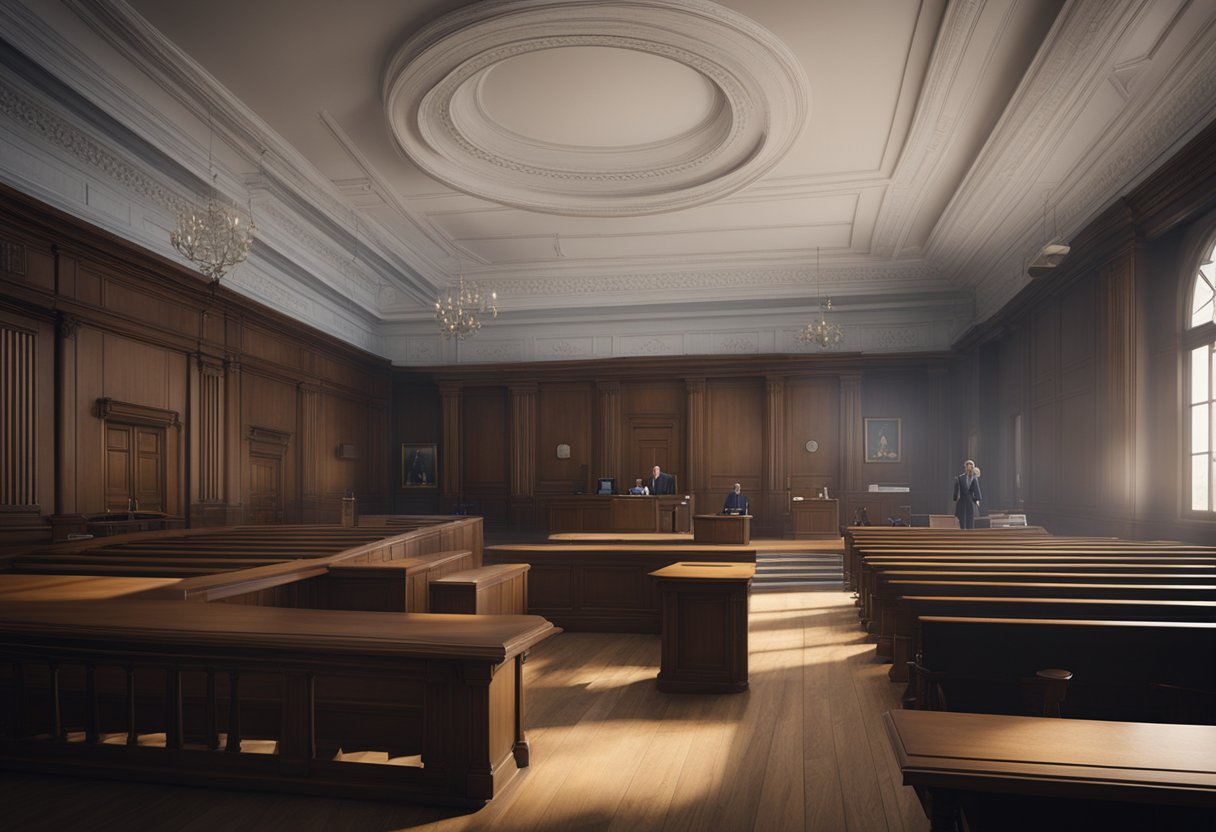 A courtroom with a judge, lawyer, and defendant. The defendant is being declared as "inimputável" under Article 26 of the Penal Code